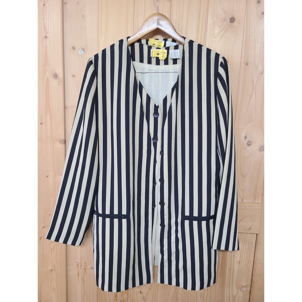 Liz Claiborne Longline Vest Women 8 Navy Cream Vintage Striped V-Neck Button